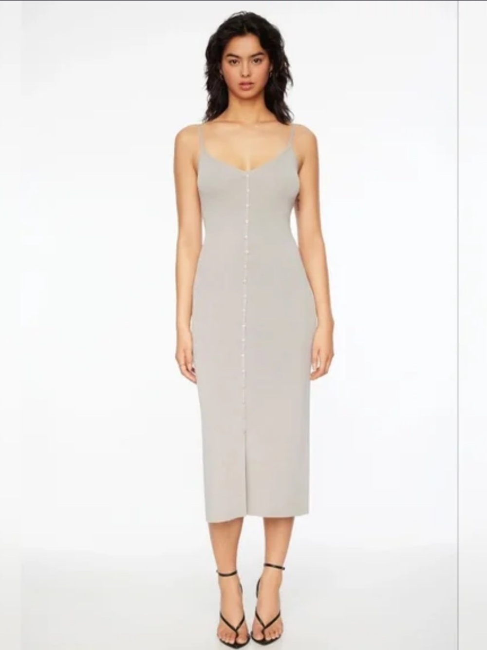 Dynamite Grey Knit Button-Front V-Neck Midi Dress